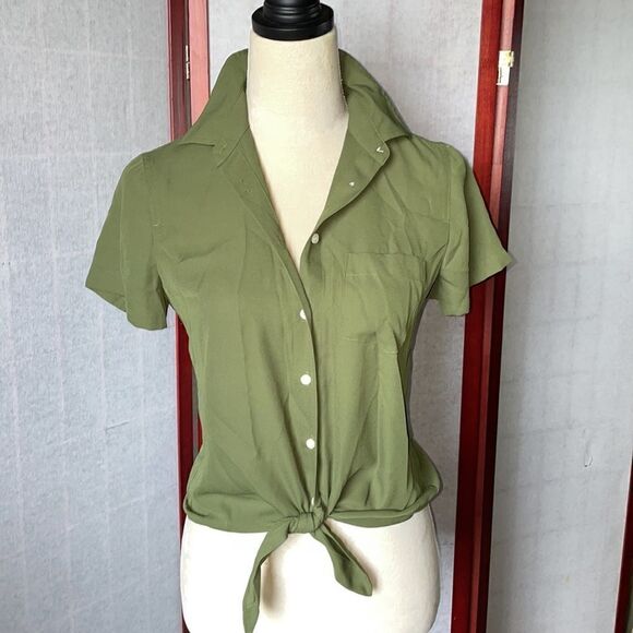 J. Crew Mercantile Green Button Down Tie Up Short Sleeve Shirt (NWT) - Picture 5 of 11